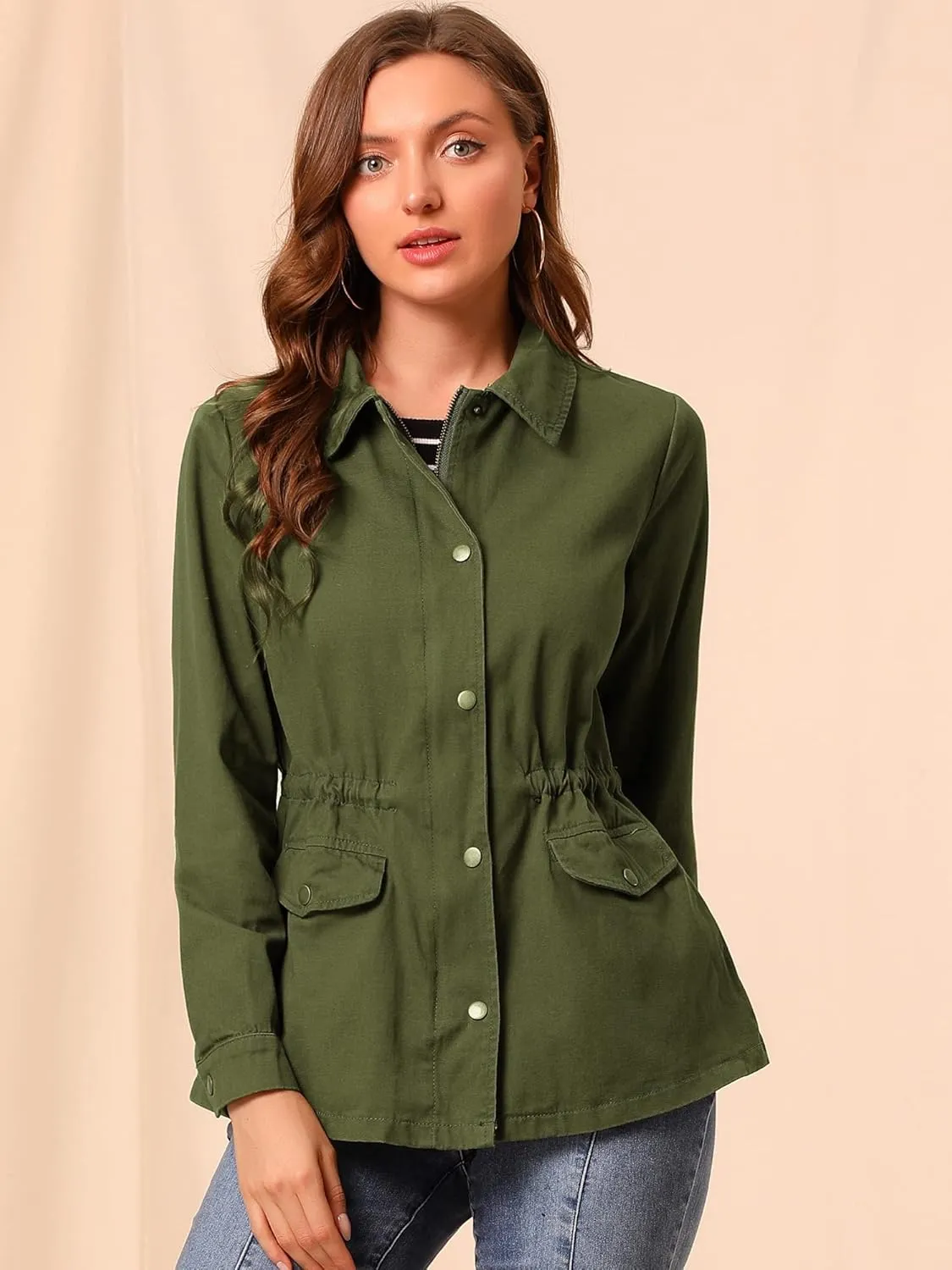 Allegra K Women's Utility Jacket Drawstring Waist 2025 Spring Flap Pockets Lightweight Jackets