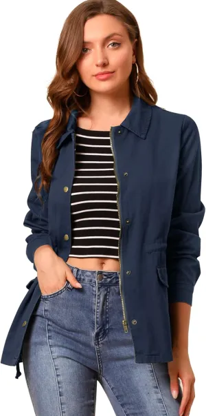 Allegra K Women's Utility Jacket Drawstring Waist 2025 Spring Flap Pockets Lightweight Jackets