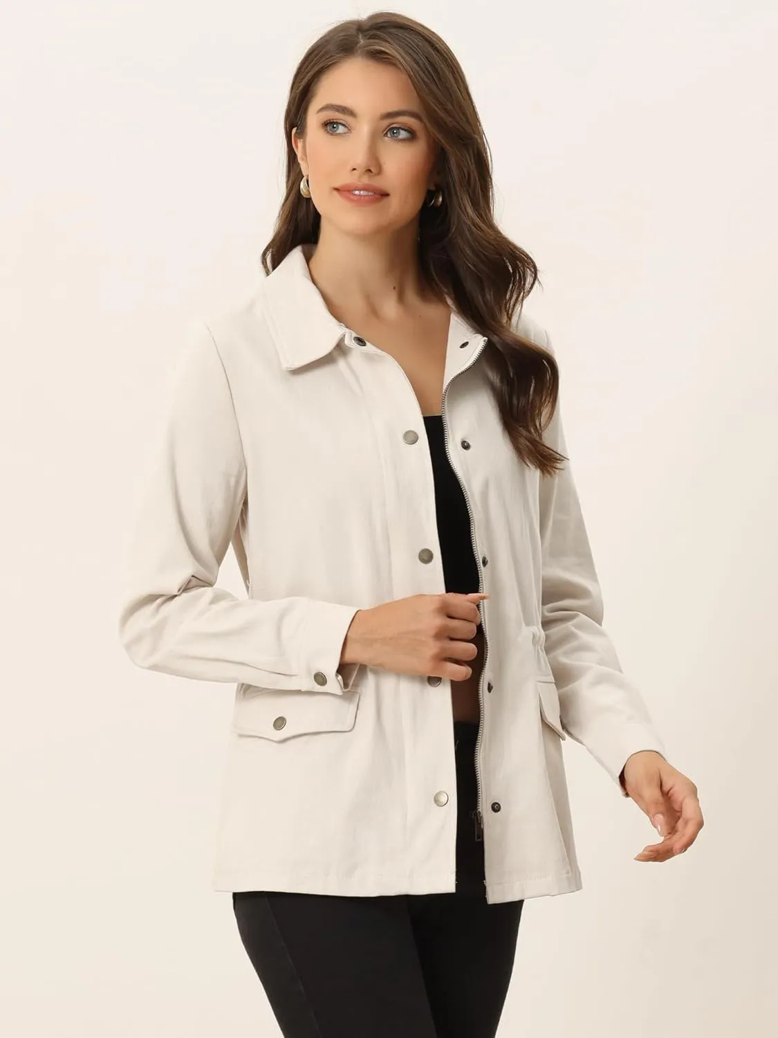 Allegra K Women's Utility Jacket Drawstring Waist 2025 Spring Flap Pockets Lightweight Jackets