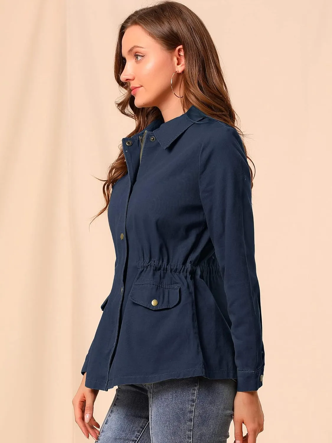 Allegra K Women's Utility Jacket Drawstring Waist 2025 Spring Flap Pockets Lightweight Jackets