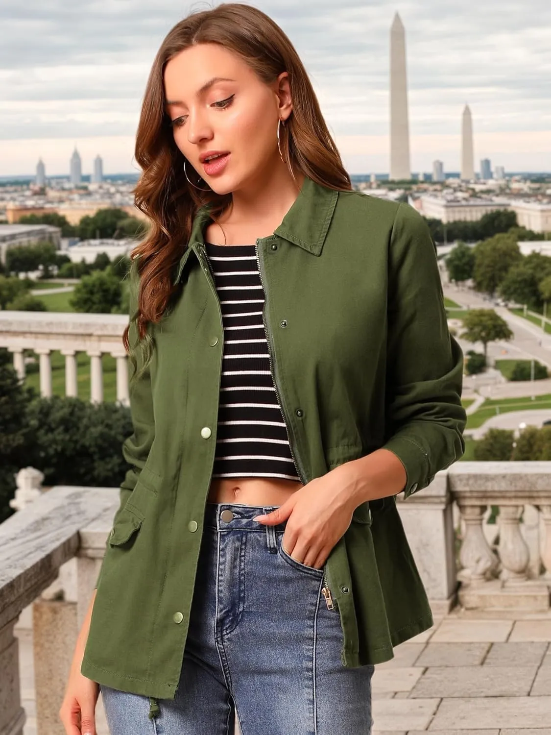 Allegra K Women's Utility Jacket Drawstring Waist 2025 Spring Flap Pockets Lightweight Jackets