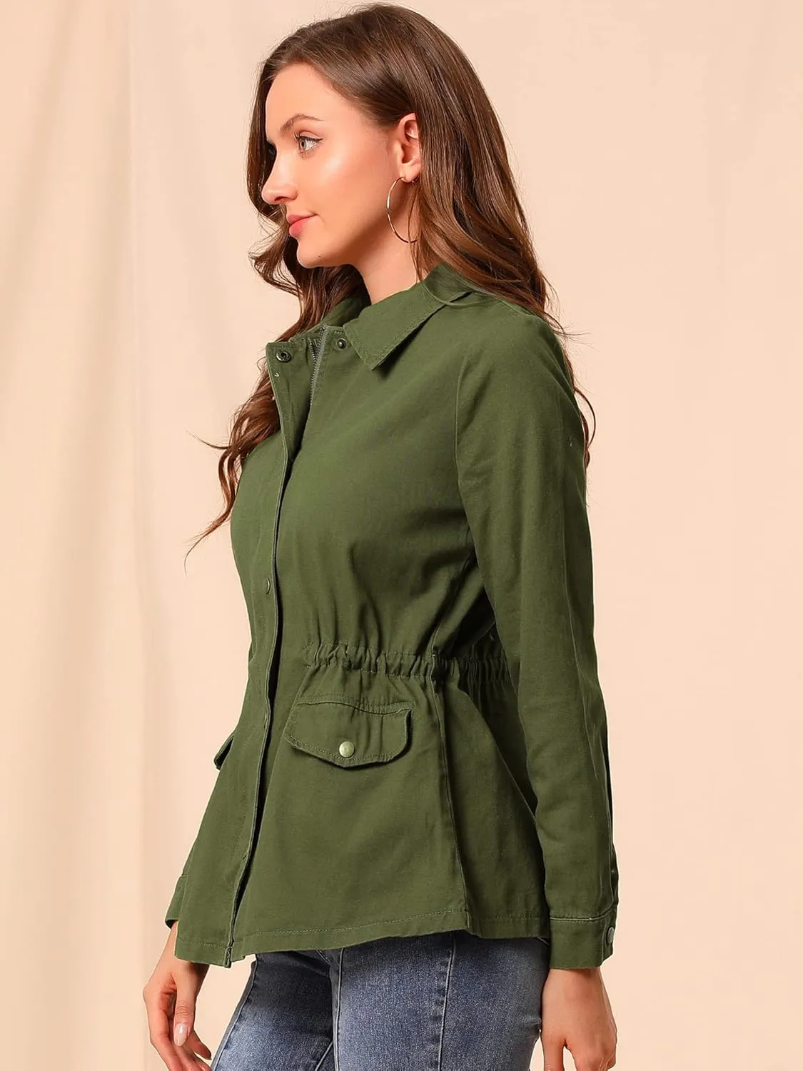 Allegra K Women's Utility Jacket Drawstring Waist 2025 Spring Flap Pockets Lightweight Jackets