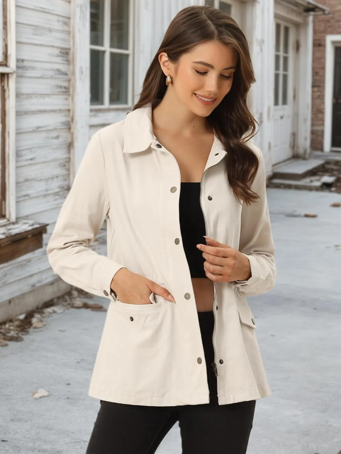 Allegra K Women's Utility Jacket Drawstring Waist 2025 Spring Flap Pockets Lightweight Jackets