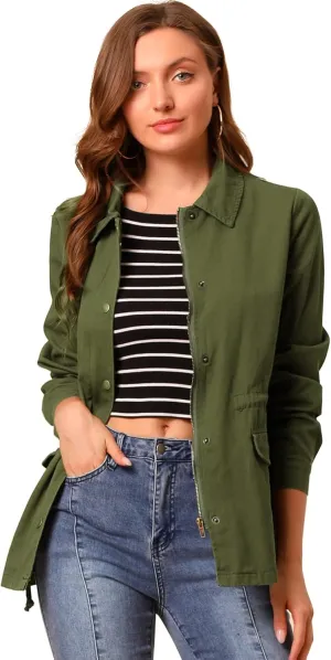 Allegra K Women's Utility Jacket Drawstring Waist 2025 Spring Flap Pockets Lightweight Jackets