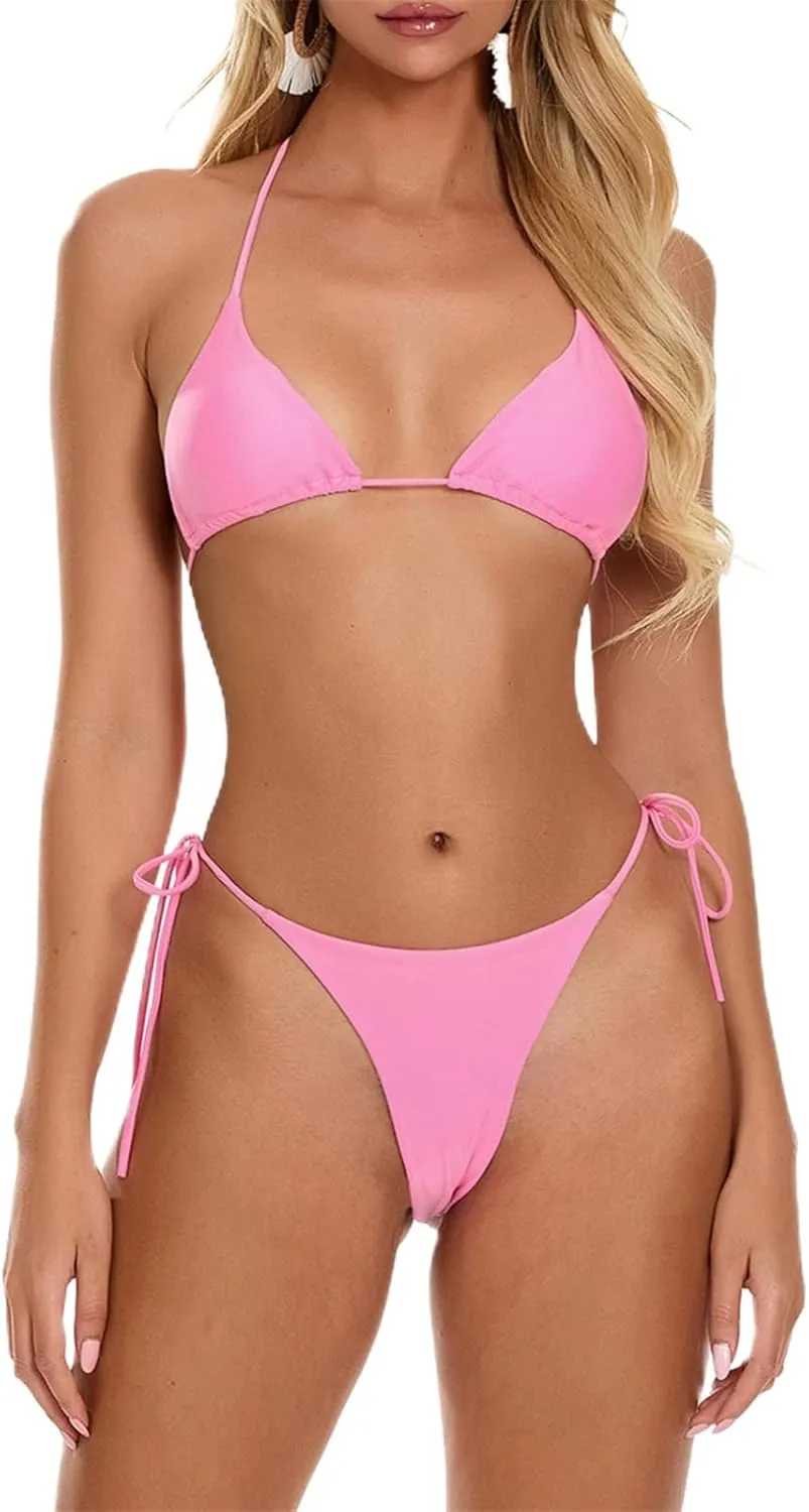 Alyweatry Women 2 Pieces Bikini Swimsuit Spaghetti Strap Top Tie Side Triangle G-Thong Bathing Suit Swimwear