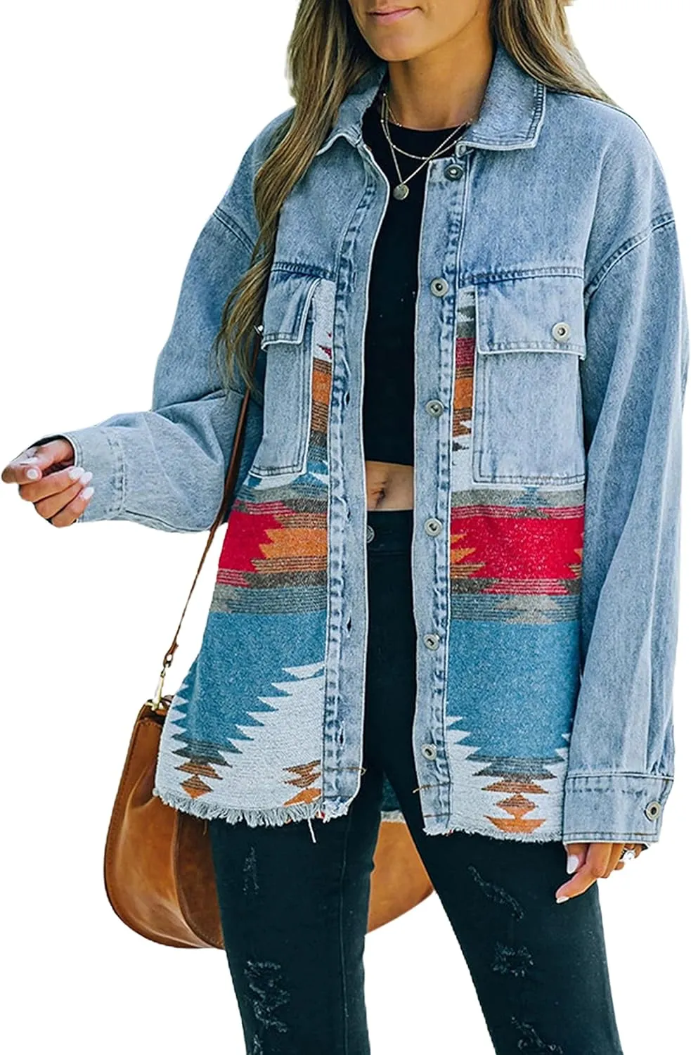 AMEBELLE Womens Aztec Print Shacket Vintage Fringed Wool Blend Shirt Jacket Coat
