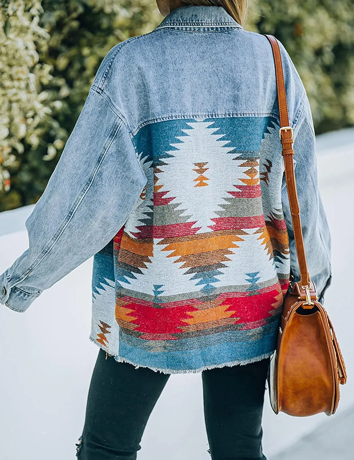 AMEBELLE Womens Aztec Print Shacket Vintage Fringed Wool Blend Shirt Jacket Coat