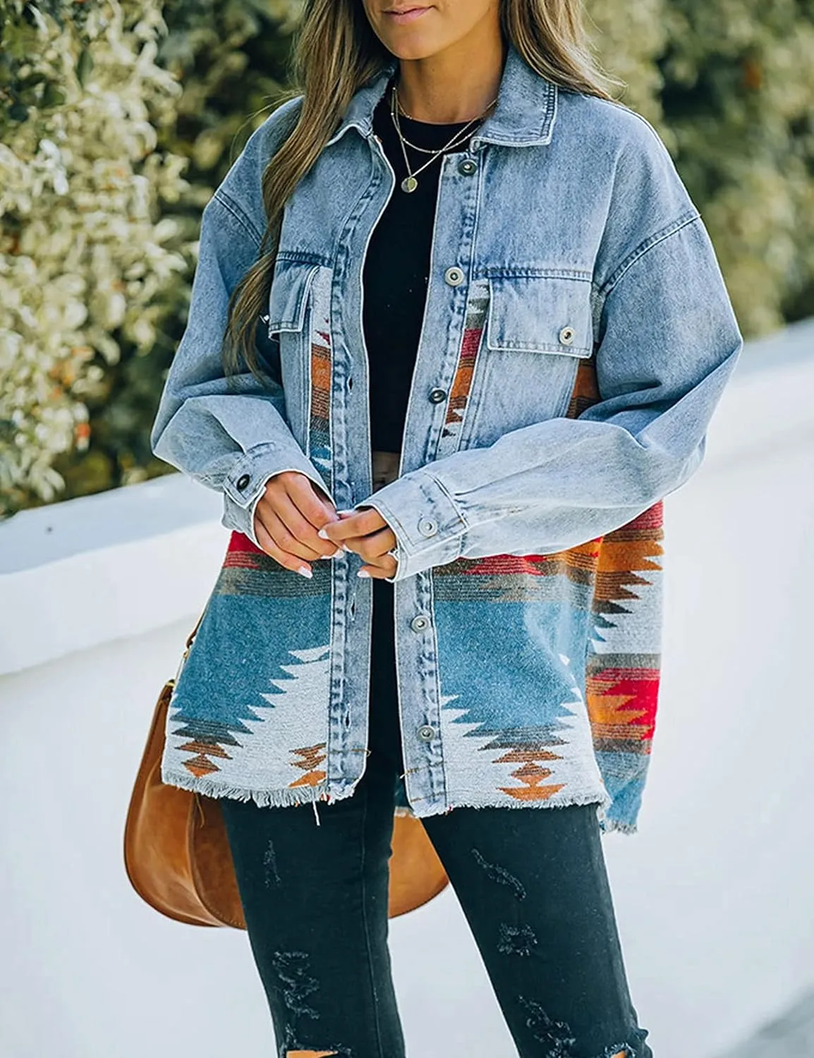 AMEBELLE Womens Aztec Print Shacket Vintage Fringed Wool Blend Shirt Jacket Coat