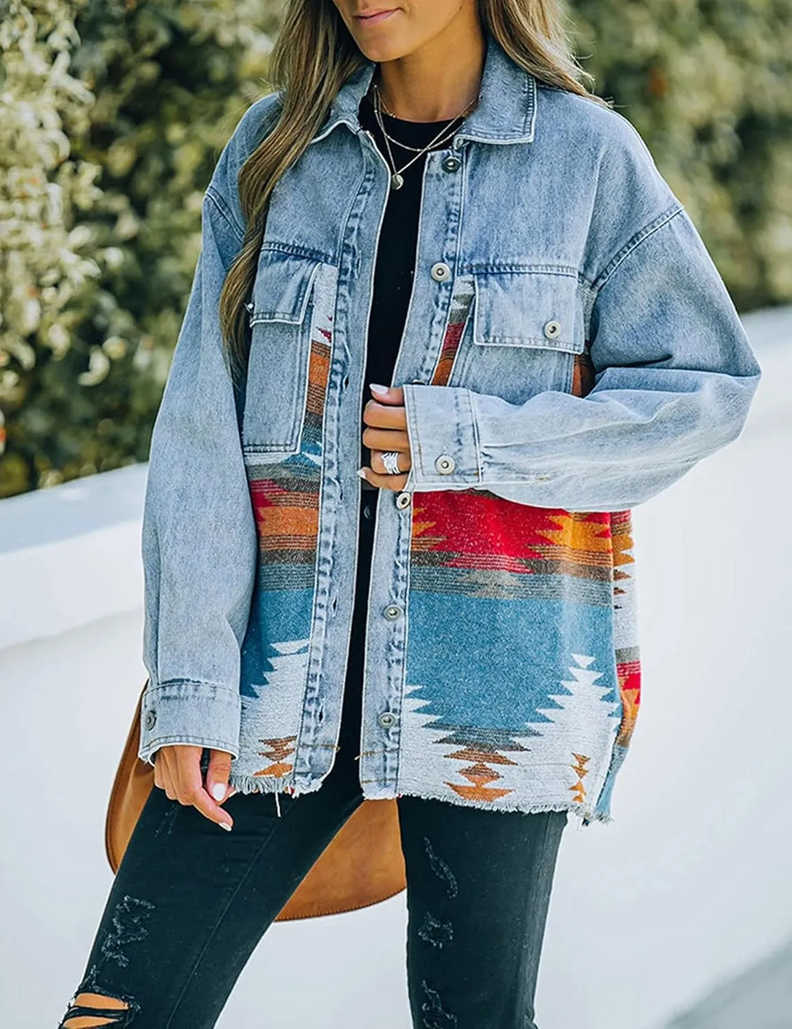 AMEBELLE Womens Aztec Print Shacket Vintage Fringed Wool Blend Shirt Jacket Coat