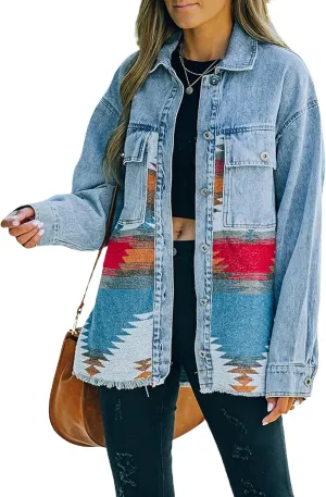 AMEBELLE Womens Aztec Print Shacket Vintage Fringed Wool Blend Shirt Jacket Coat