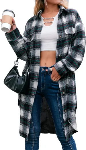 Amegoya Women's Casual Plaid Lapel Shacket Jacket Wool Blend Button Up Shirt Loose Oversize Coat