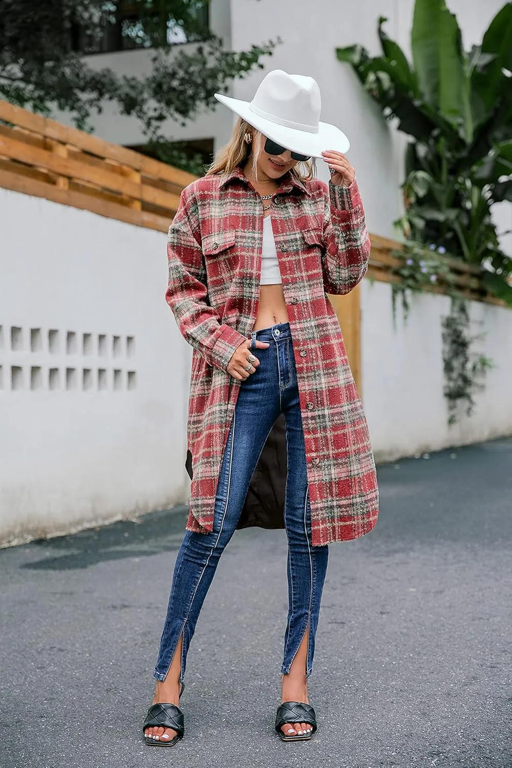 Amegoya Women's Casual Plaid Lapel Shacket Jacket Wool Blend Button Up Shirt Loose Oversize Coat
