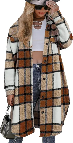 Amegoya Women's Casual Plaid Lapel Shacket Jacket Wool Blend Button Up Shirt Loose Oversize Coat
