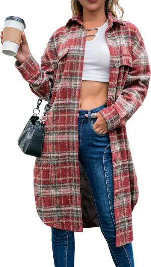 Amegoya Women's Casual Plaid Lapel Shacket Jacket Wool Blend Button Up Shirt Loose Oversize Coat