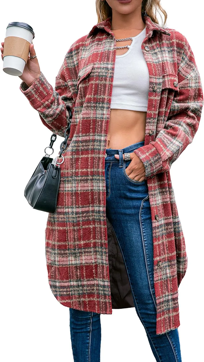 Amegoya Women's Casual Plaid Lapel Shacket Jacket Wool Blend Button Up Shirt Loose Oversize Coat