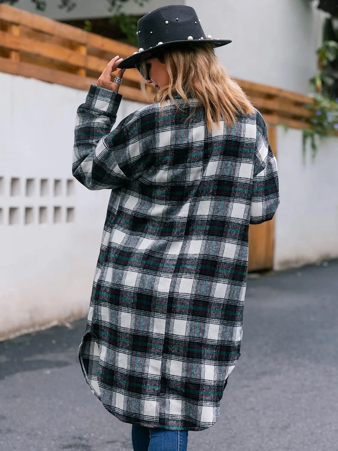 Amegoya Women's Casual Plaid Lapel Shacket Jacket Wool Blend Button Up Shirt Loose Oversize Coat