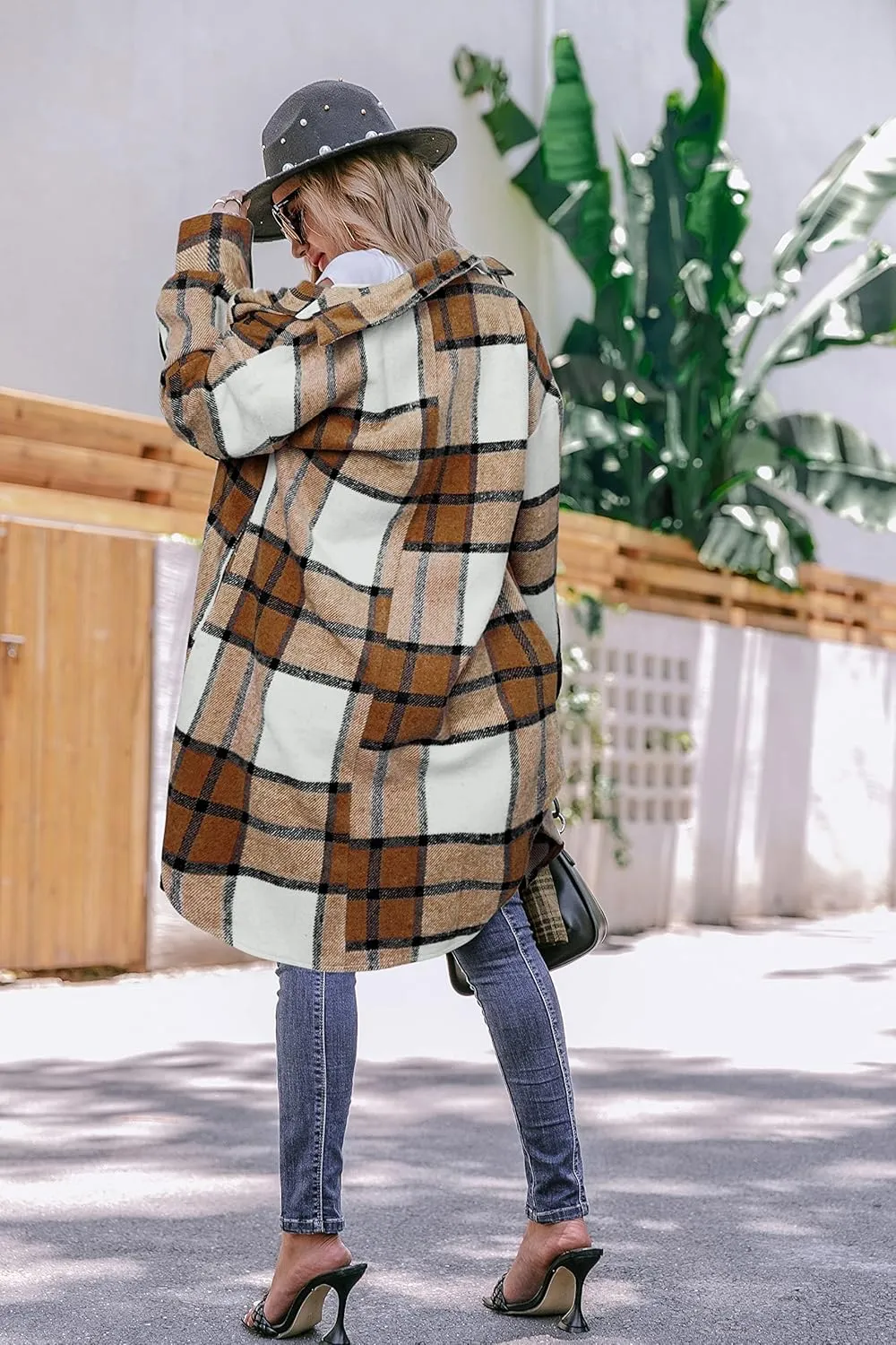 Amegoya Women's Casual Plaid Lapel Shacket Jacket Wool Blend Button Up Shirt Loose Oversize Coat
