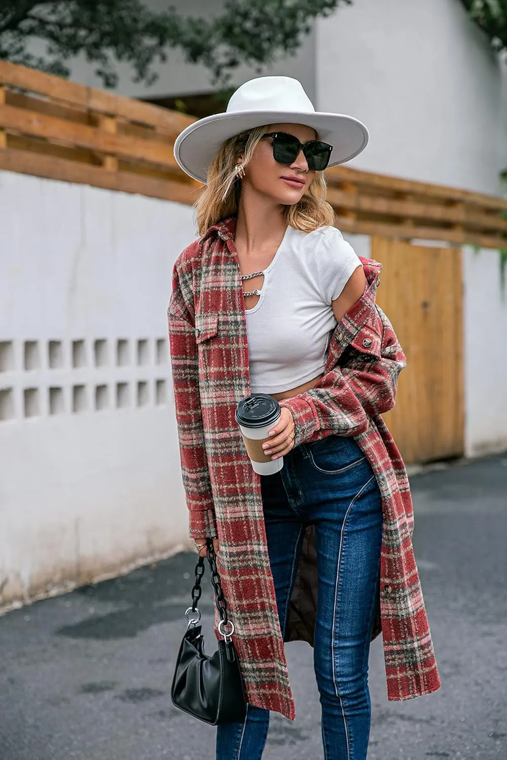 Amegoya Women's Casual Plaid Lapel Shacket Jacket Wool Blend Button Up Shirt Loose Oversize Coat