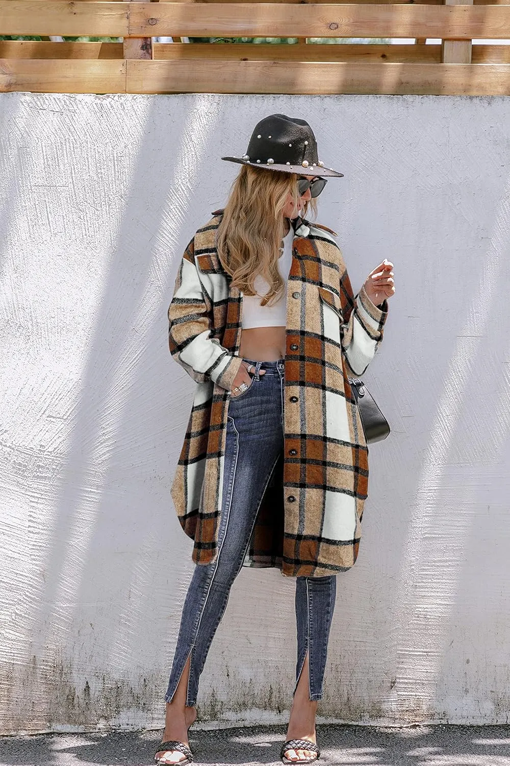 Amegoya Women's Casual Plaid Lapel Shacket Jacket Wool Blend Button Up Shirt Loose Oversize Coat