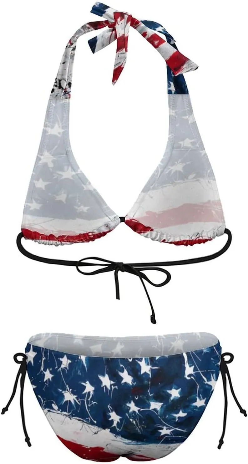 American Flag Bikini Set Halter Padded Top Tie Side Bottom Swimsuit for Women