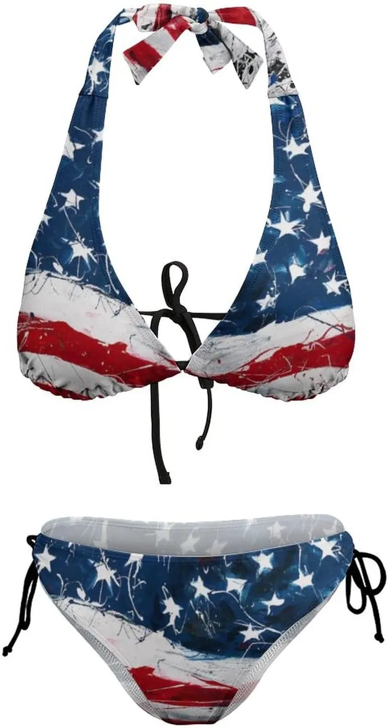 American Flag Bikini Set Halter Padded Top Tie Side Bottom Swimsuit for Women
