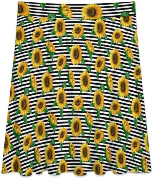 Anime Sunflowers Stripes Midi Skirts Womens Fall Long Skirt Party Office Travel Soft Knee Length Casual Ruffle Skirt