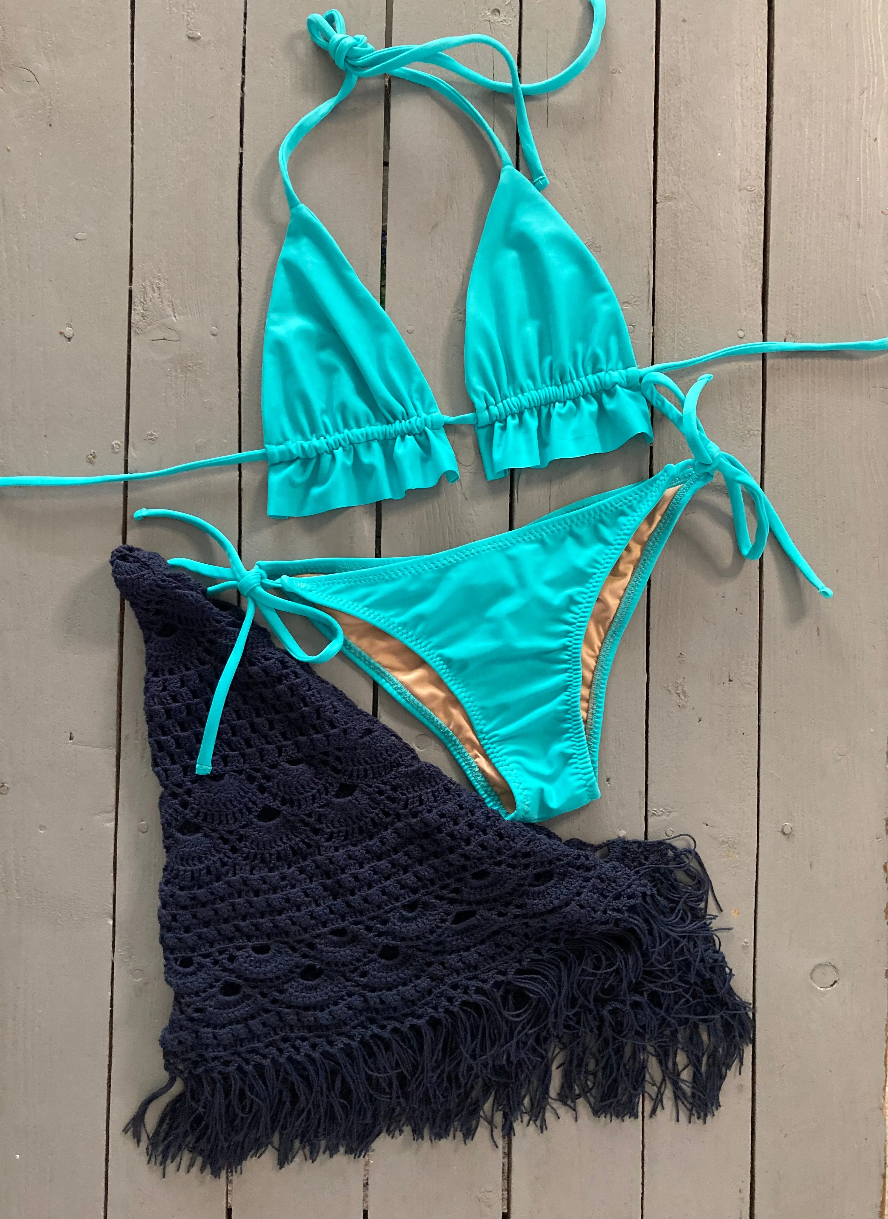 Aqua Triangle Bikini Top with Ruffle