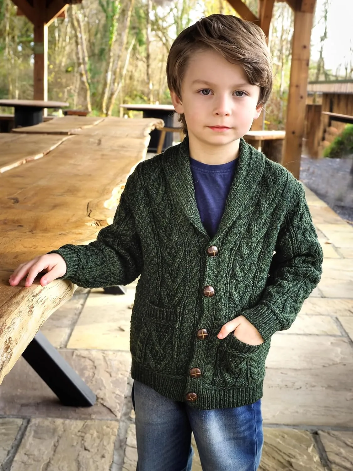Aran Crafts Boy's Irish Soft Cable Knitted Shawl Cardigan (100% Merino Wool)