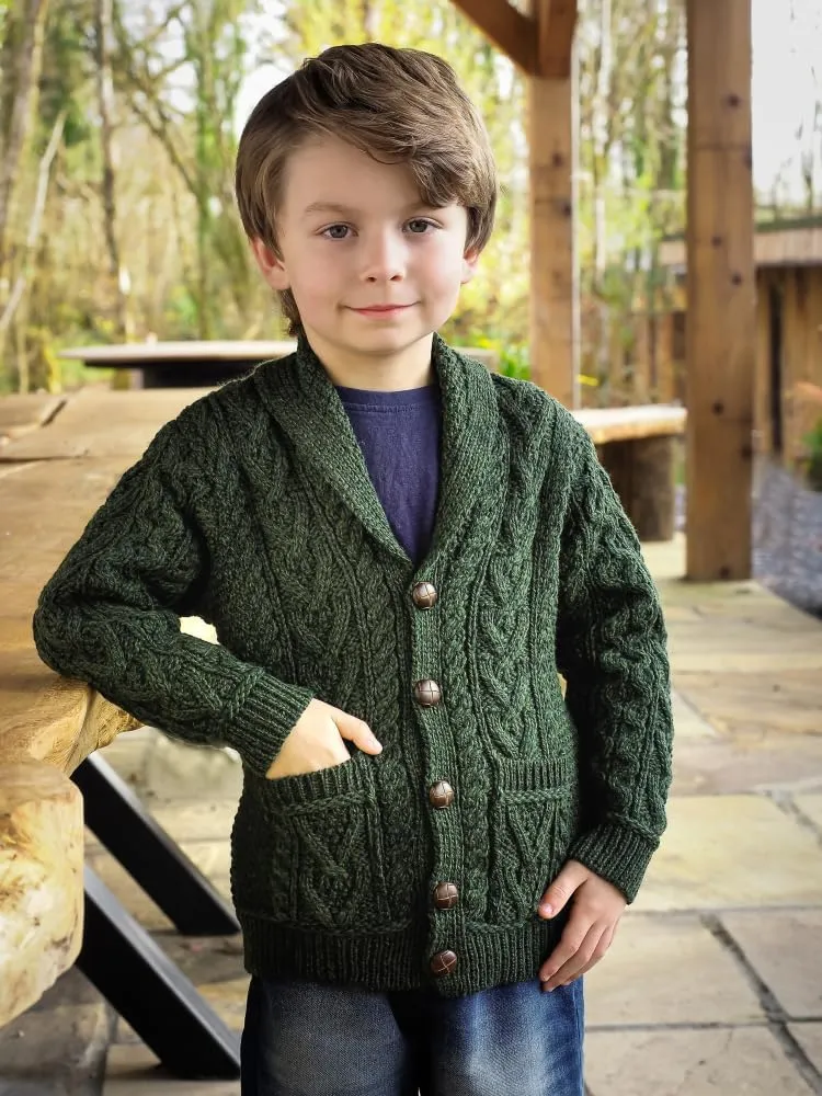 Aran Crafts Boy's Irish Soft Cable Knitted Shawl Cardigan (100% Merino Wool)