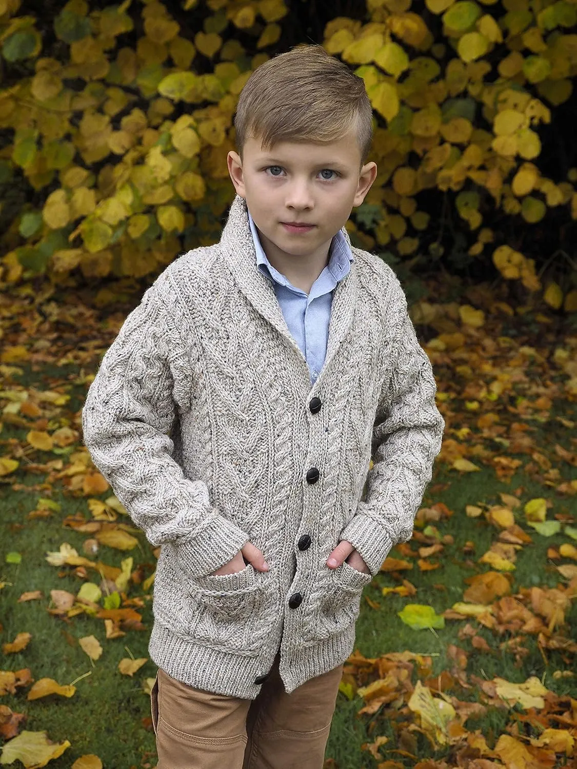 Aran Crafts Boy's Irish Soft Cable Knitted Shawl Cardigan (100% Merino Wool)