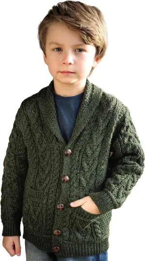 Aran Crafts Boy's Irish Soft Cable Knitted Shawl Cardigan (100% Merino Wool)