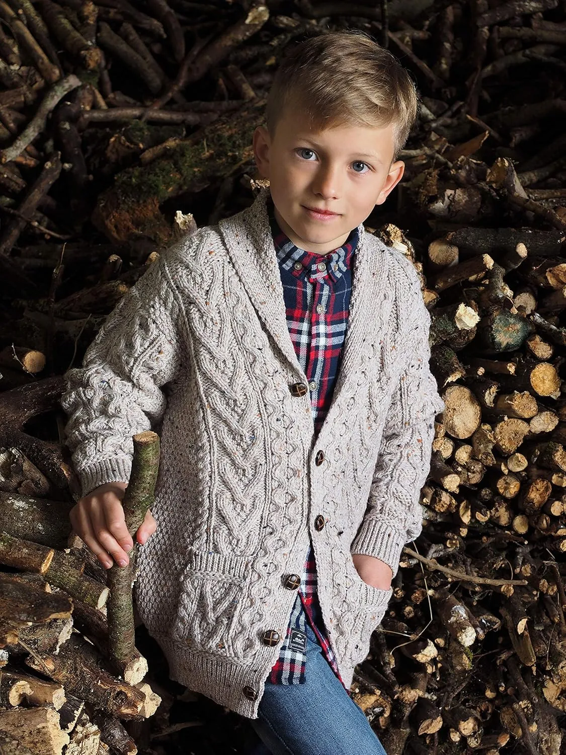 Aran Crafts Boy's Irish Soft Cable Knitted Shawl Cardigan (100% Merino Wool)