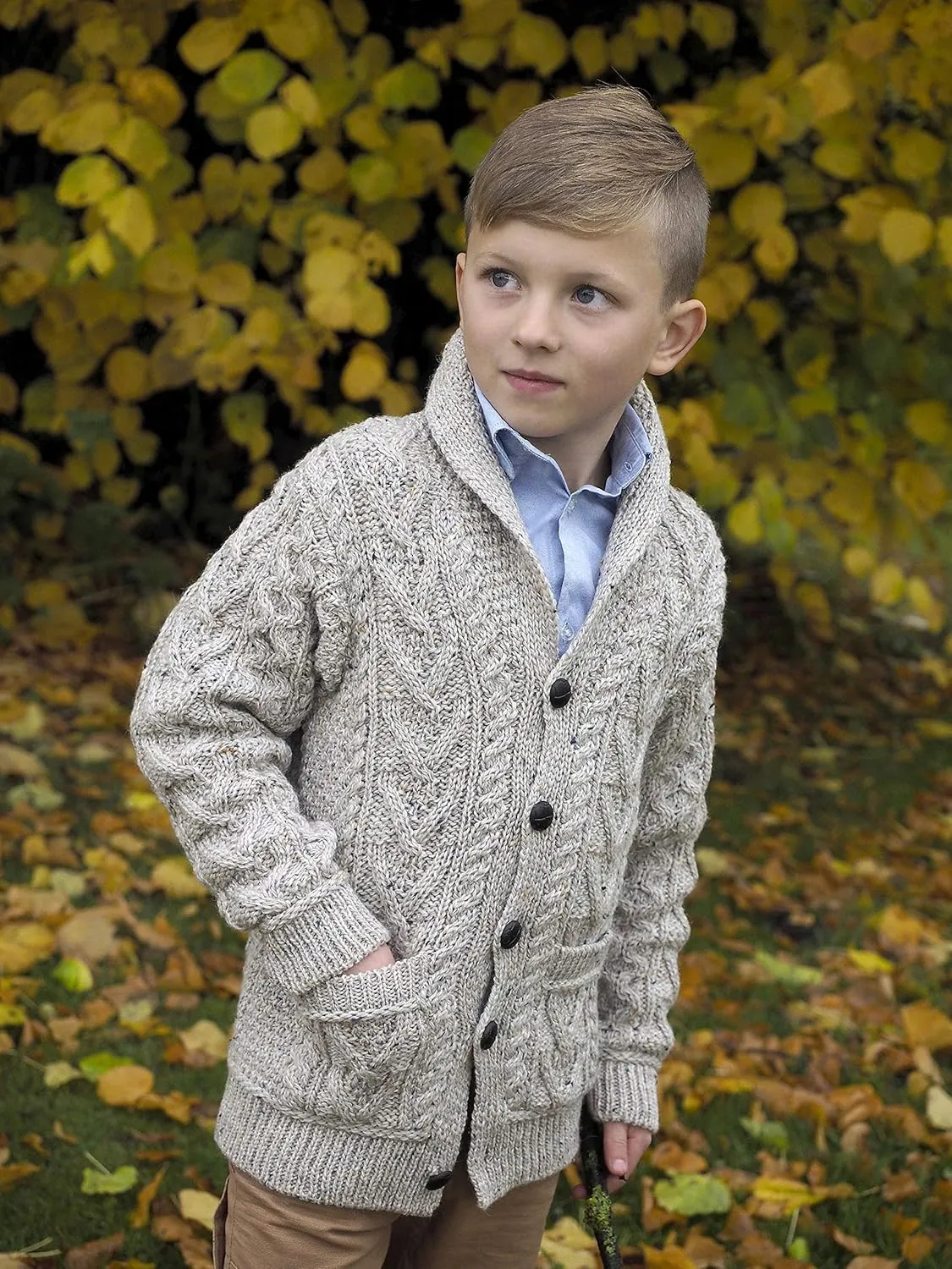 Aran Crafts Boy's Irish Soft Cable Knitted Shawl Cardigan (100% Merino Wool)
