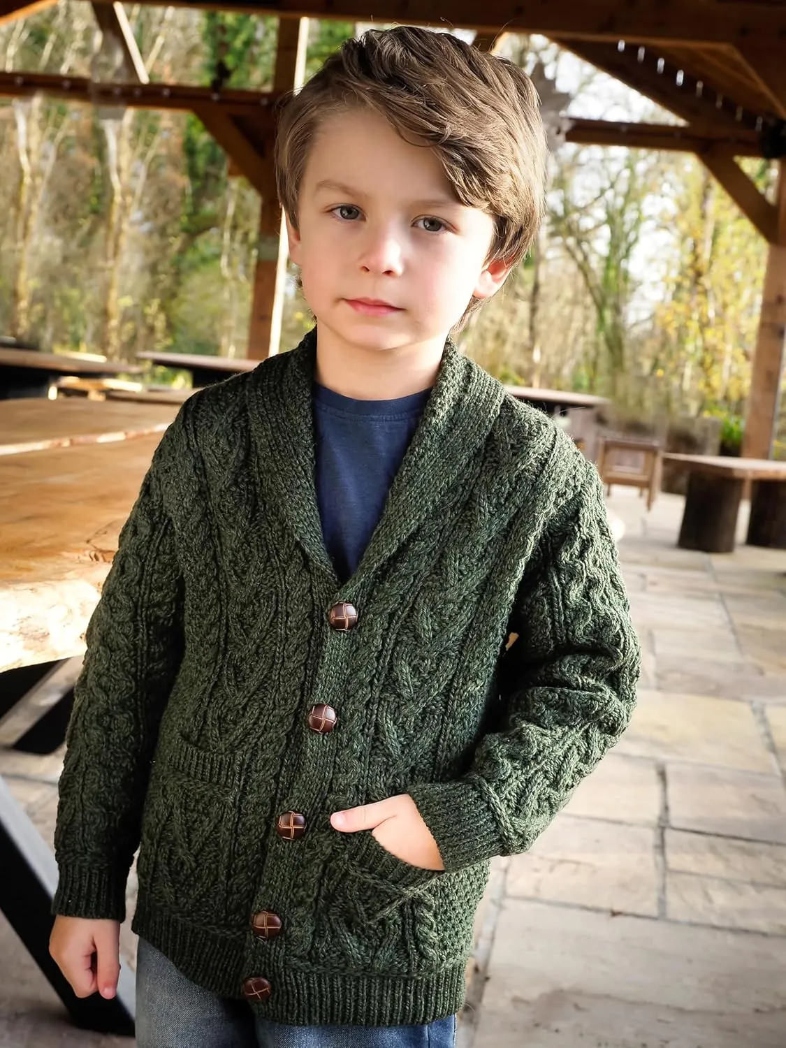 Aran Crafts Boy's Irish Soft Cable Knitted Shawl Cardigan (100% Merino Wool)