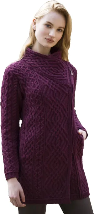 Aran Crafts Women's Irish Soft Cable Knitted Side Zip Coat (100% Merino Wool)