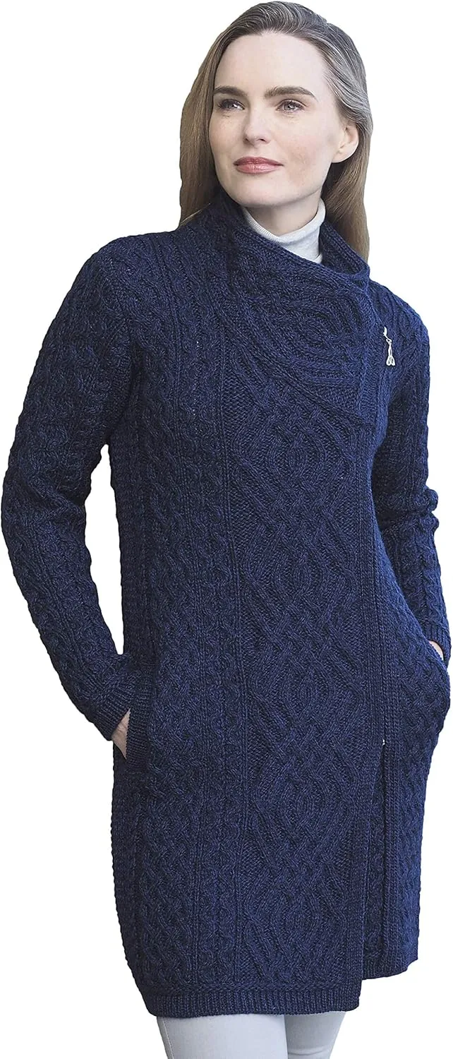 Aran Crafts Women's Irish Soft Cable Knitted Side Zip Coat (100% Merino Wool)