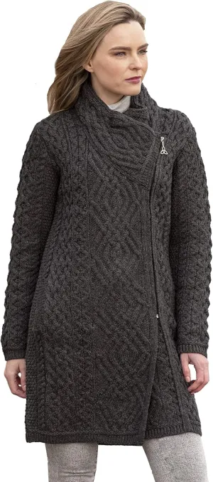 Aran Crafts Women's Irish Soft Cable Knitted Side Zip Coat (100% Merino Wool)