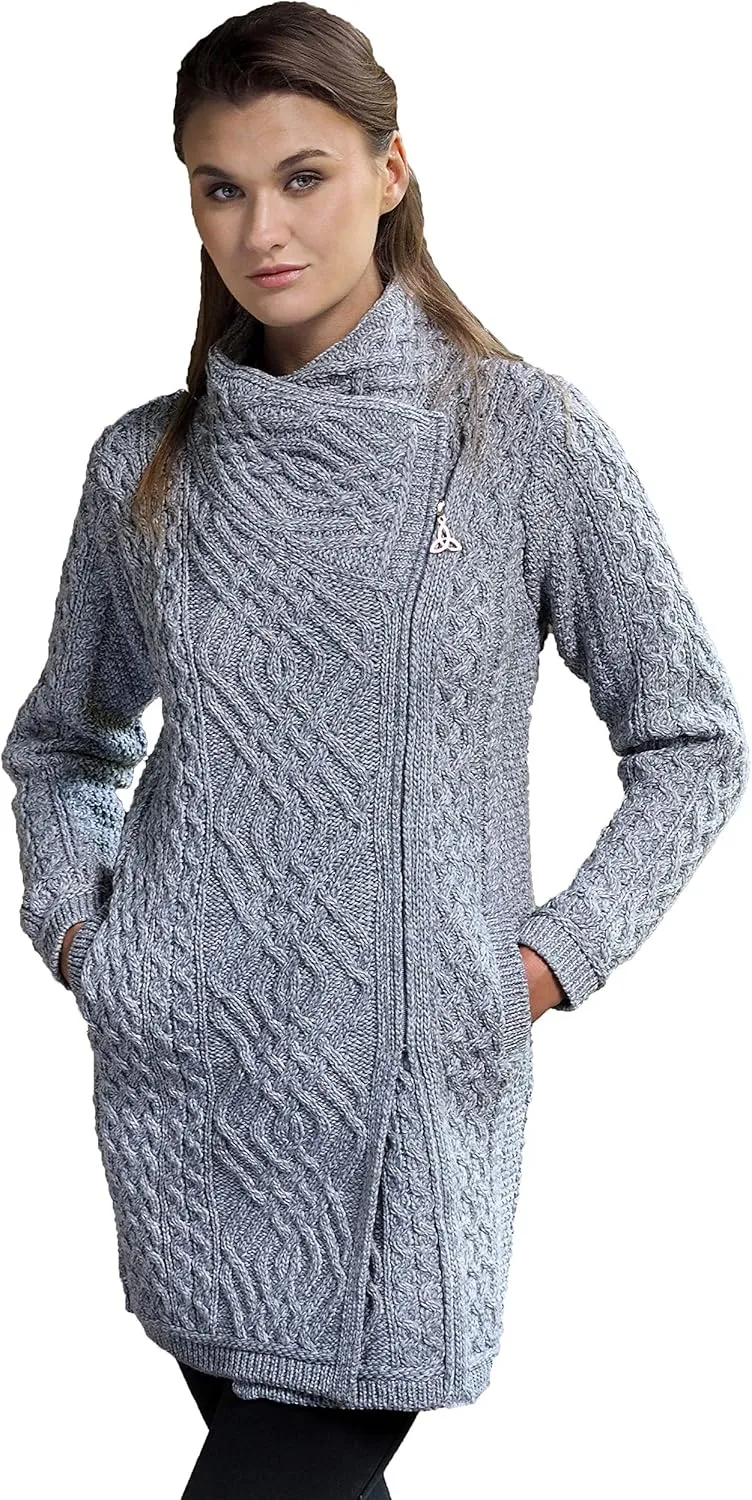 Aran Crafts Women's Irish Soft Cable Knitted Side Zip Coat (100% Merino Wool)