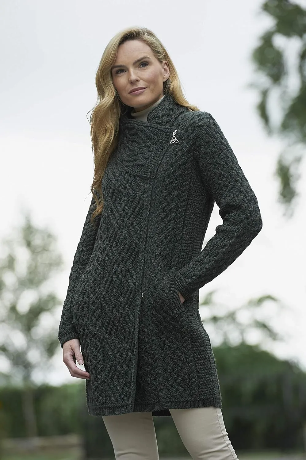 Aran Crafts Women's Irish Soft Cable Knitted Side Zip Coat (100% Merino Wool)