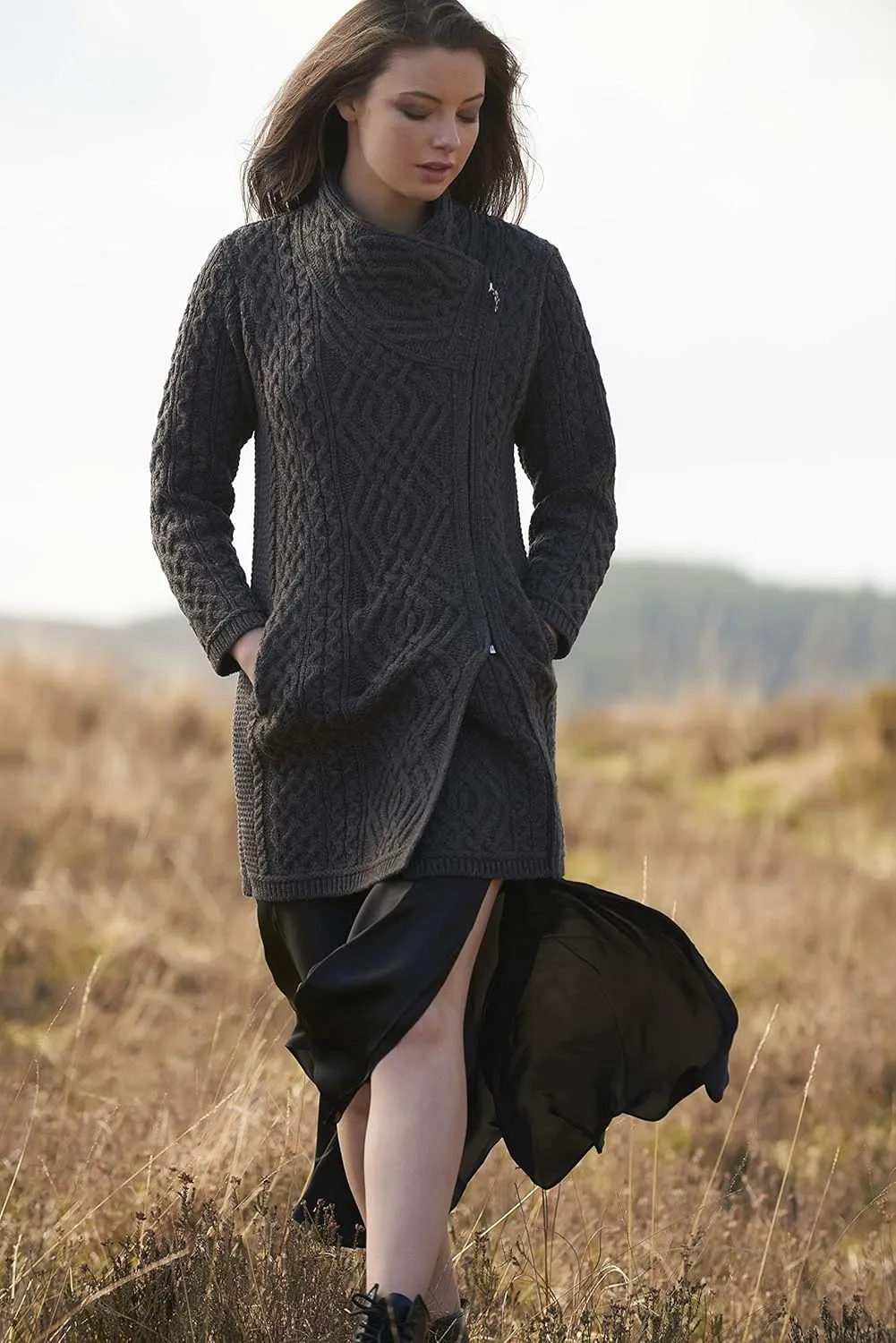 Aran Crafts Women's Irish Soft Cable Knitted Side Zip Coat (100% Merino Wool)
