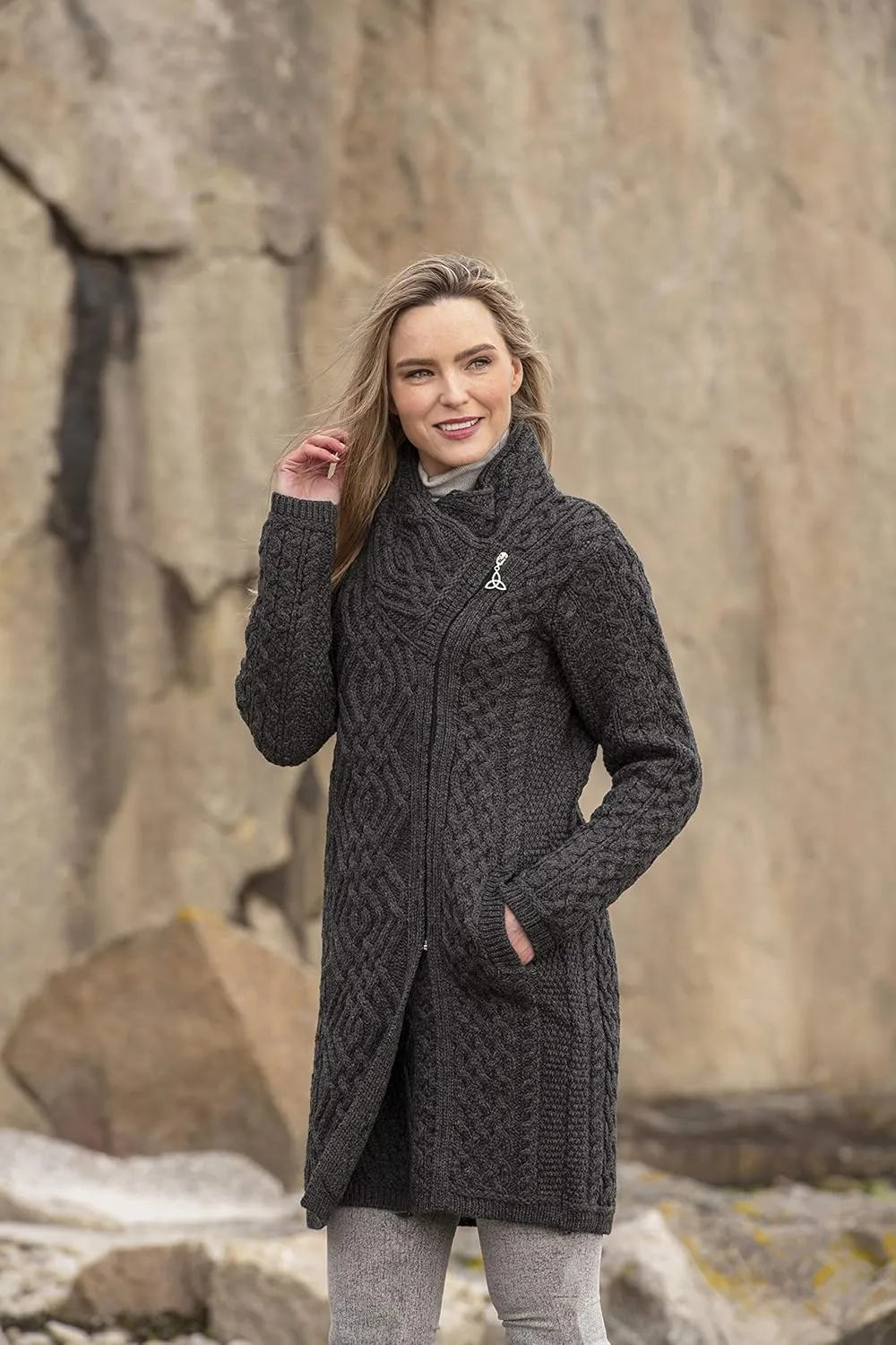 Aran Crafts Women's Irish Soft Cable Knitted Side Zip Coat (100% Merino Wool)