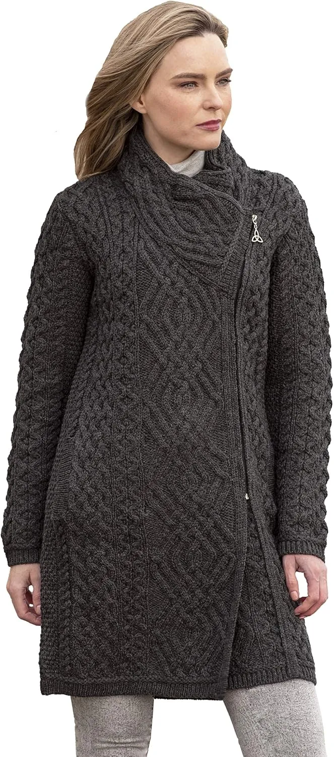 Aran Crafts Women's Irish Soft Cable Knitted Side Zip Coat (100% Merino Wool)