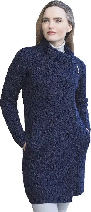 Aran Crafts Women's Irish Soft Cable Knitted Side Zip Coat (100% Merino Wool)