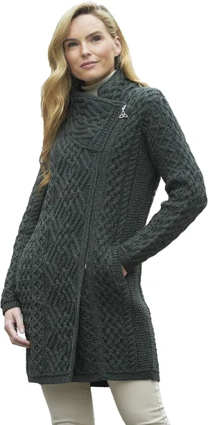 Aran Crafts Women's Irish Soft Cable Knitted Side Zip Coat (100% Merino Wool)