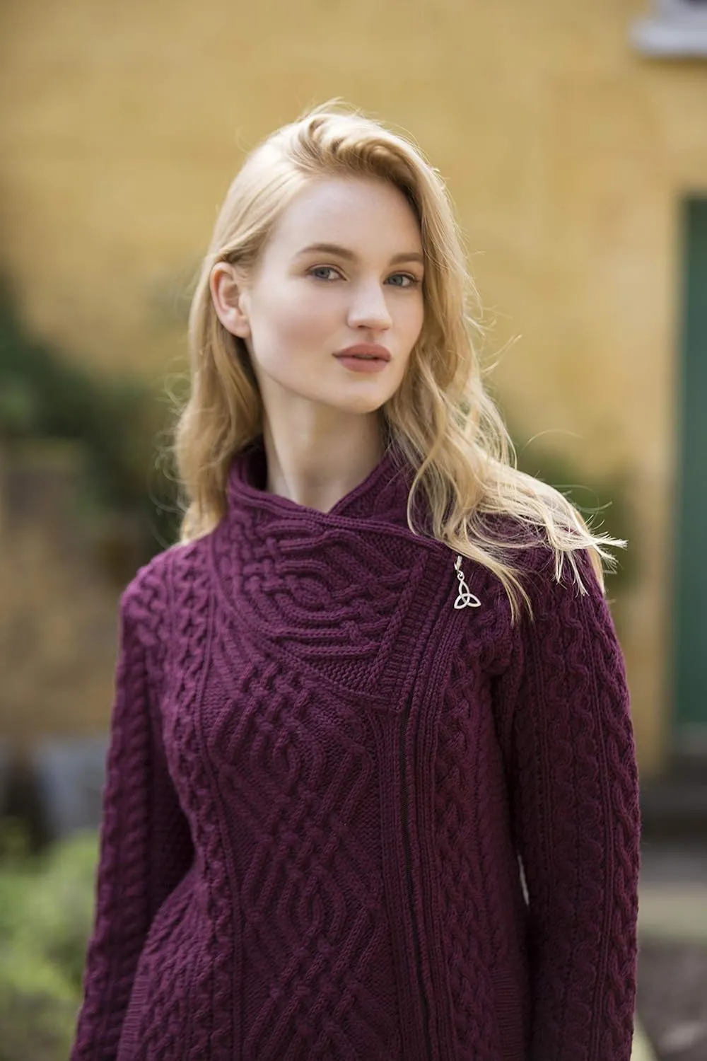 Aran Crafts Women's Irish Soft Cable Knitted Side Zip Coat (100% Merino Wool)