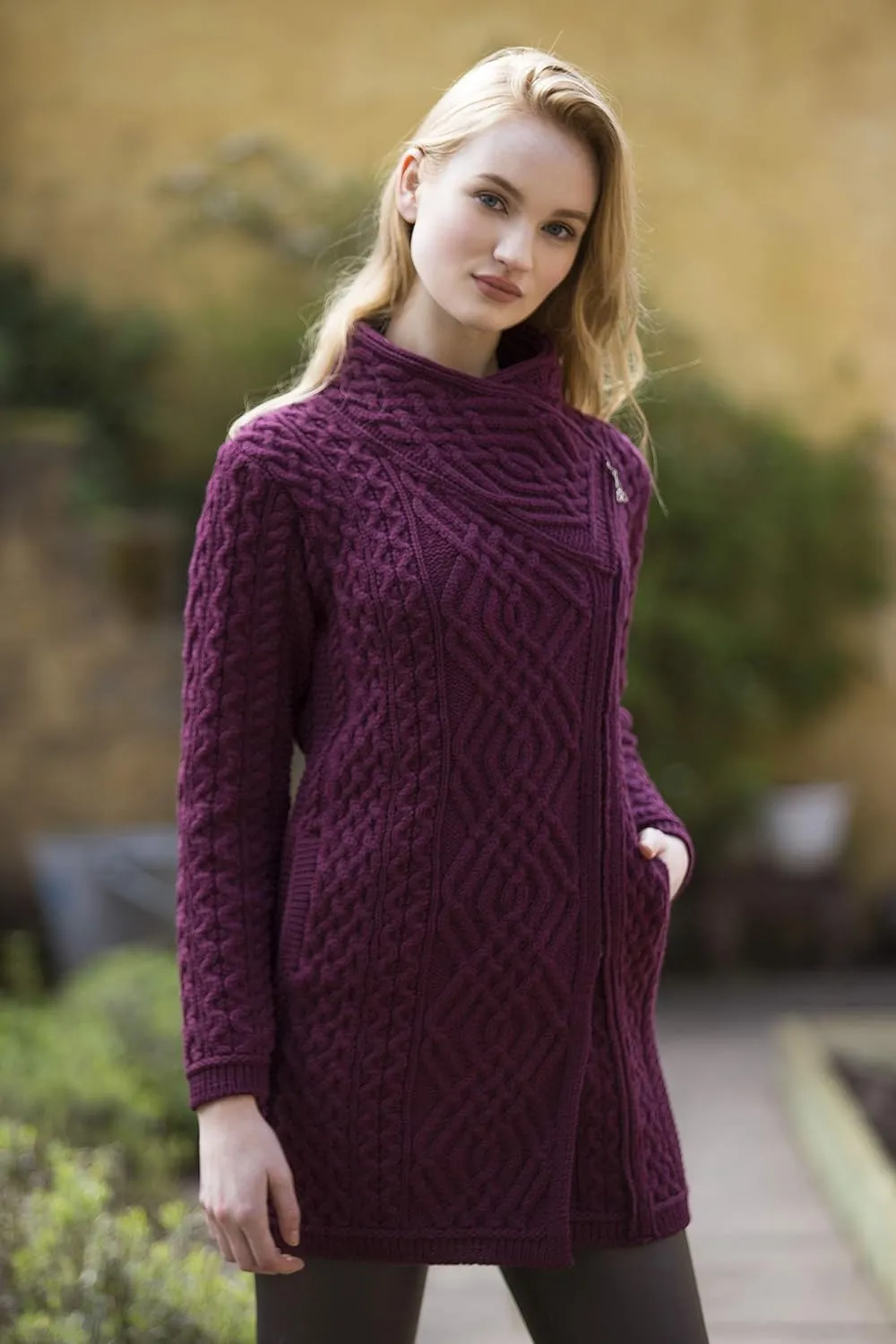 Aran Crafts Women's Irish Soft Cable Knitted Side Zip Coat (100% Merino Wool)