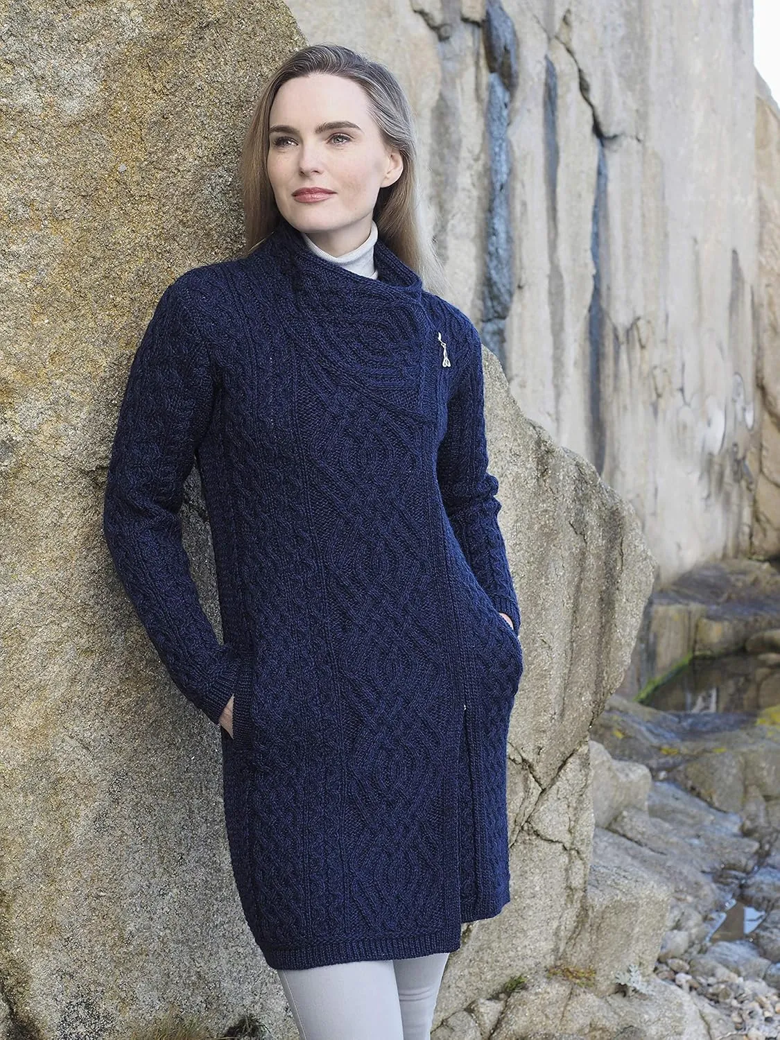 Aran Crafts Women's Irish Soft Cable Knitted Side Zip Coat (100% Merino Wool)