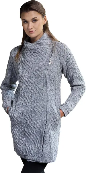 Aran Crafts Women's Irish Soft Cable Knitted Side Zip Coat (100% Merino Wool)