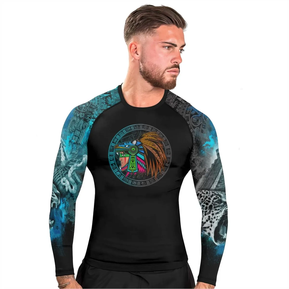 Aztec Jaguar Warrior Men's Long Sleeve Rash Guard