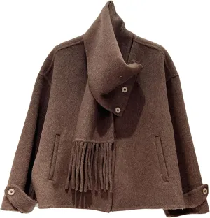 Babalet Wool Blend Double-faced Women Wool Pea Coat Button Scarf Casual Coat Trench Coat Handmade Winter Pockets Jacket